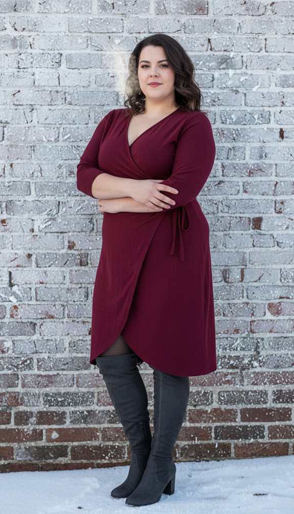 sophisticated wrap dress winter ensemble