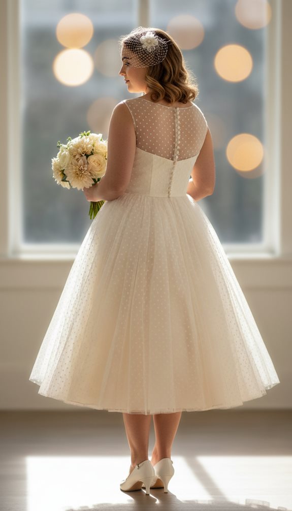 vintage inspired tea length polka dot lace details